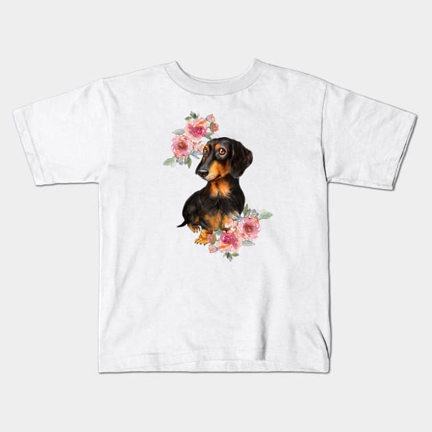 Cute Black Dachshund Puppy Dog Watercolor Art Kids T-Shirt by AdrianaHolmesArt